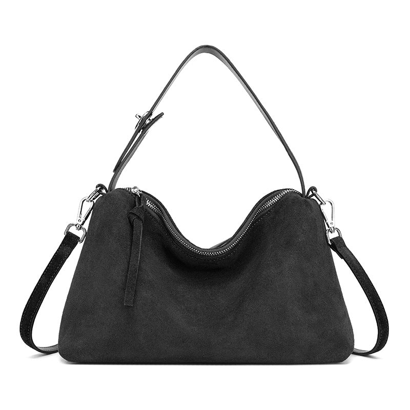 Suede Shoulder Tote genuine leather tote bag in Black